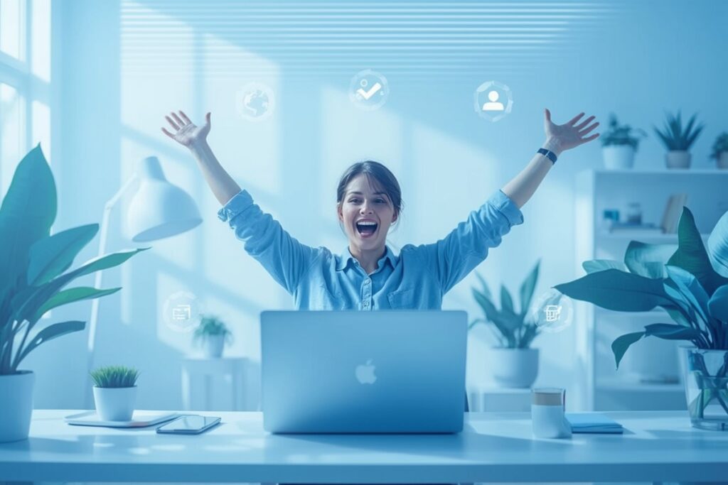 oyful remote professional celebrating success after landing a verified remote job in 2025, working from a bright home office surrounded by plants and digital icons.