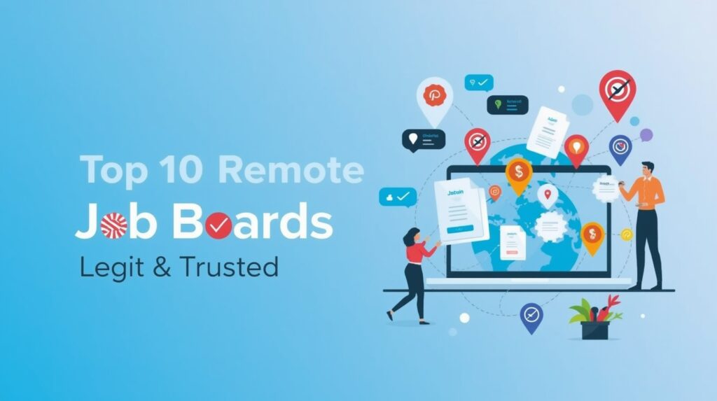 Illustration of a remote worker exploring top global job boards on a laptop in 2025, symbolizing trust and global opportunities.