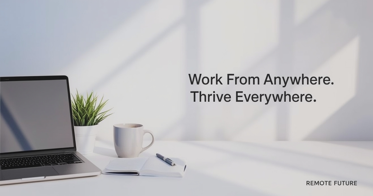 Minimal remote-work desk setup with laptop, plant, coffee mug, and soft sunlight, featuring the text “Work From Anywhere. Thrive Everywhere.”