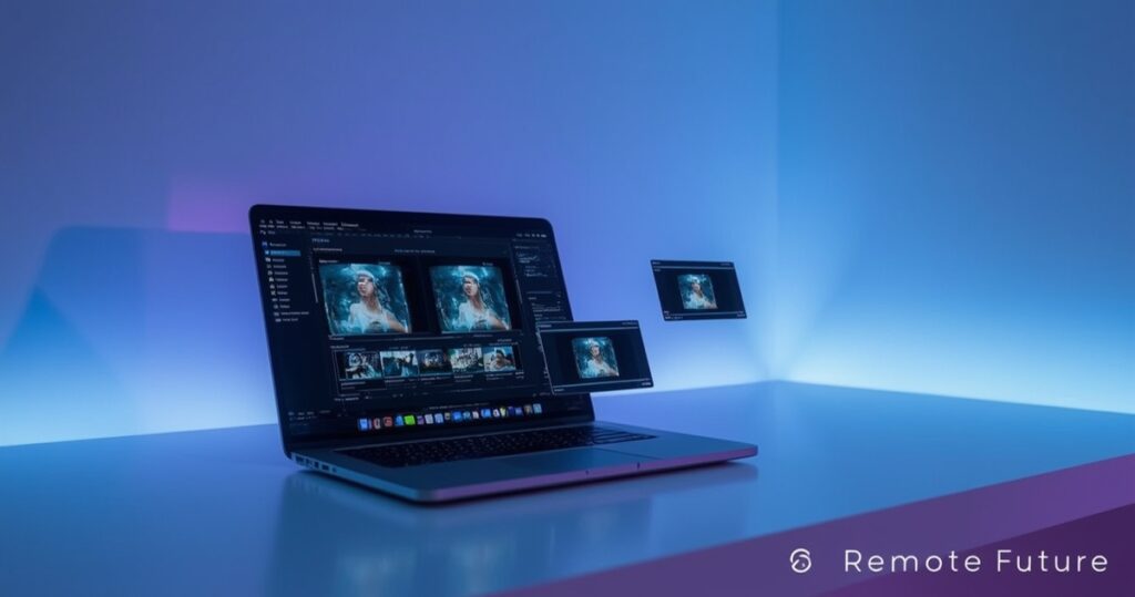 Laptop showing AI content repurposing  StoryShort AI workflow with short video editing screens in a modern gradient workspace.