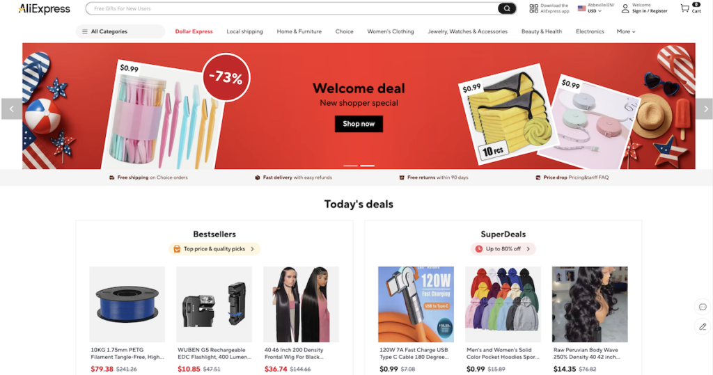 AliExpress online marketplace homepage showing product sourcing options for dropshipping

