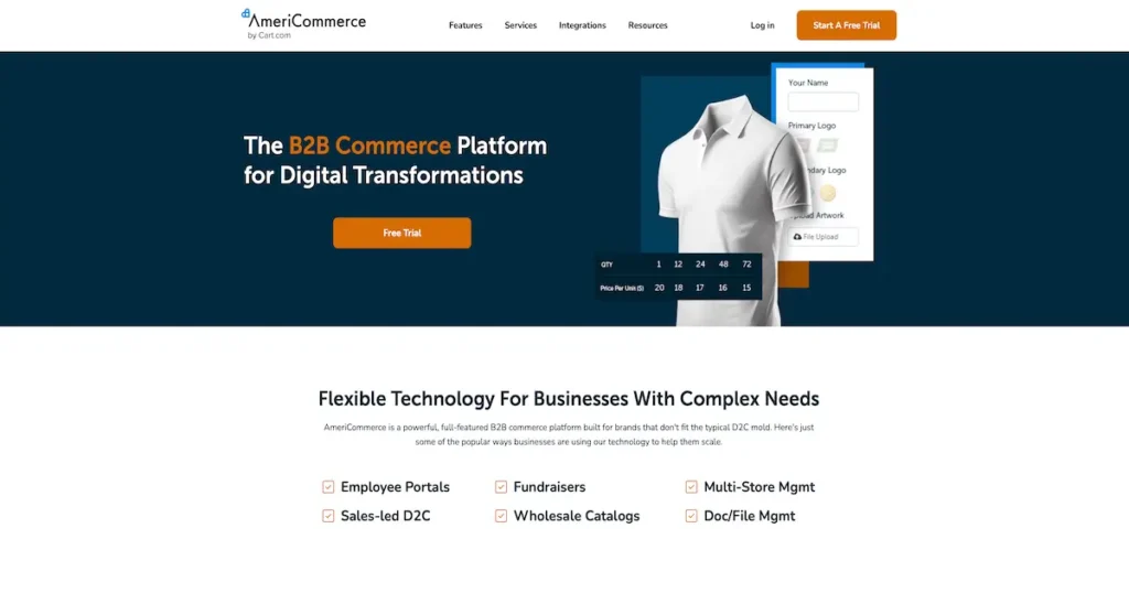 AmeriCommerce homepage showing its B2B commerce platform for multi-store and wholesale businesses