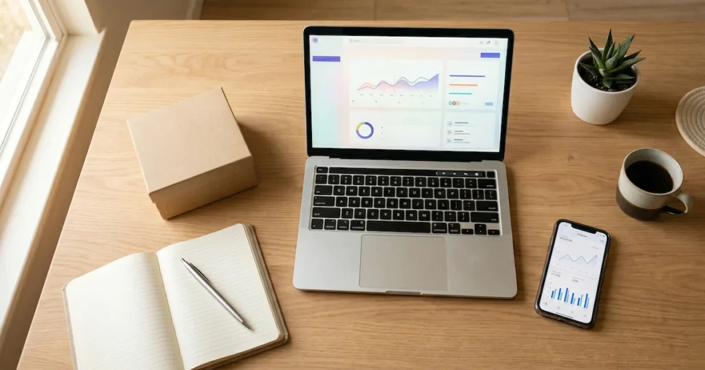 The best dropshipping tools in 2026 shown through a flat lay of e-commerce essentials on a desk