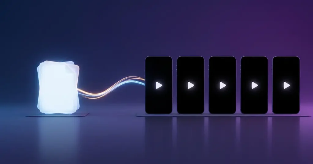 Glowing document connecting to a row of smartphones with video play icons, representing AI video automation
