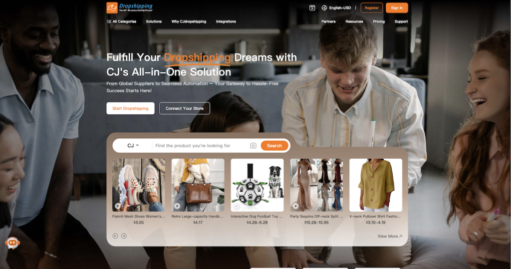 CJdropshipping platform homepage showing product sourcing and fulfillment tools
