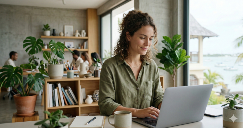 Freelancer working confidently on a laptop in a bright creative workspace