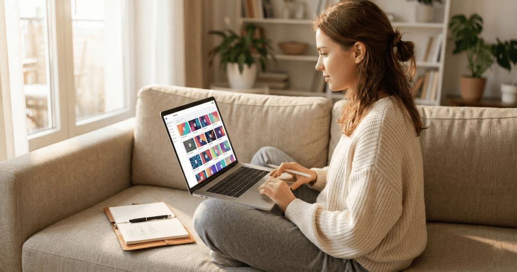 Young woman sitting on a couch working on a laptop showing an AI video ad creation dashboard with colorful thumbnails