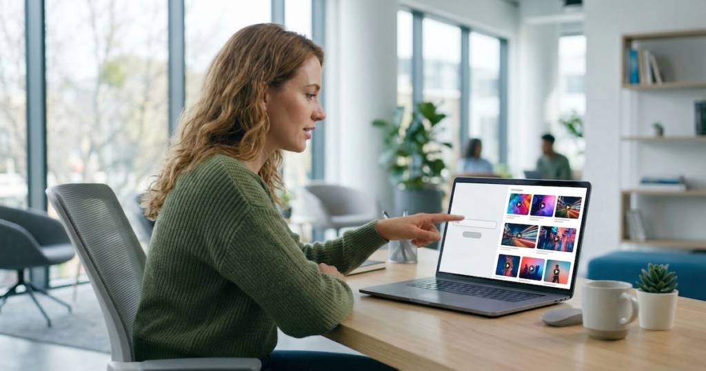 Woman pointing at a laptop screen showing an AI video ad creation dashboard with multiple colorful video thumbnails
