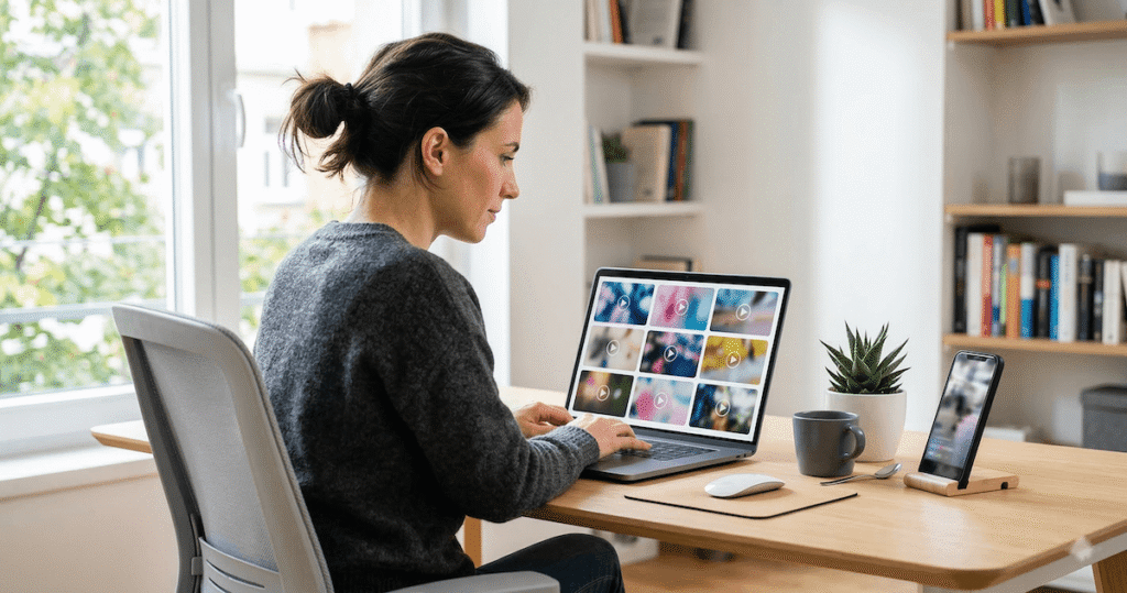 Alt text: Woman using an AI video ad creation tool on a laptop at a bright modern home office desk