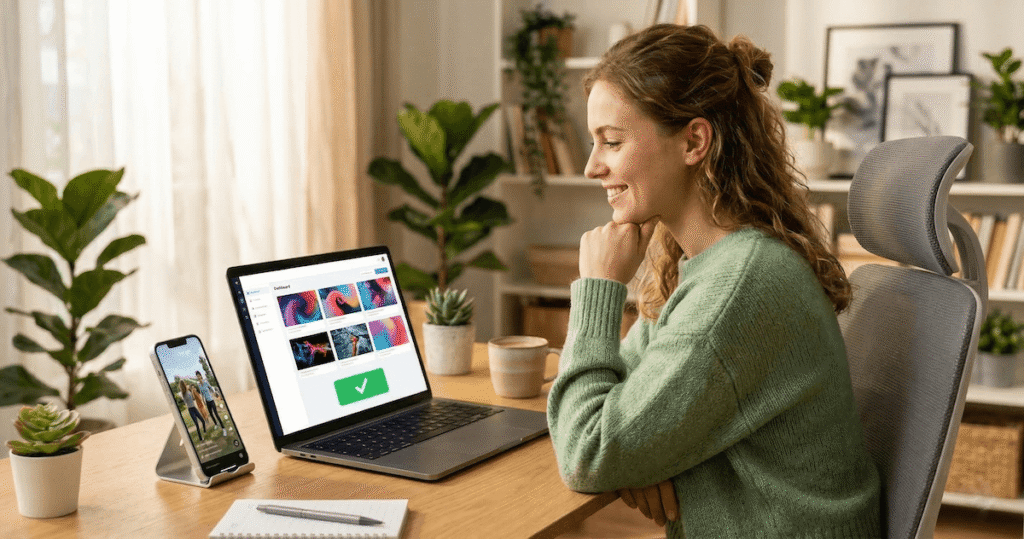 Smiling woman looking at a laptop screen showing a video ad creation dashboard with a green checkmark and colorful thumbnails ready to publish