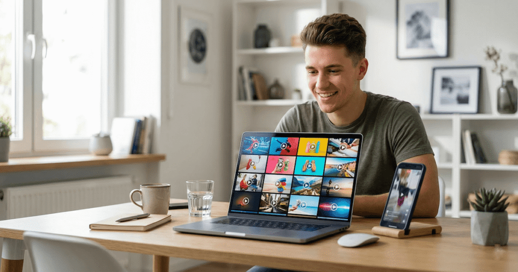 Young man smiling at a laptop screen showing multiple colorful video ad thumbnails with a smartphone displaying a vertical video beside him