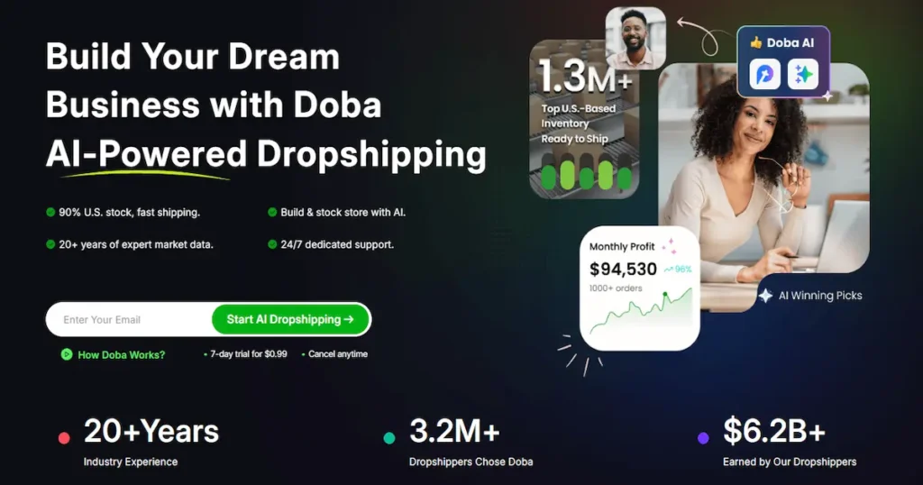 Doba homepage showing its AI-powered dropshipping platform and US inventory sourcing