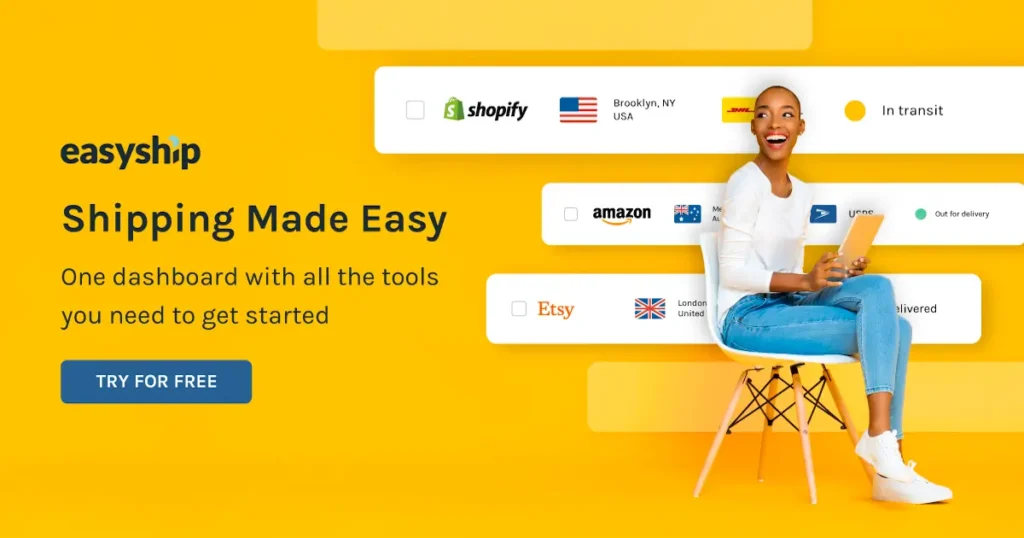 Easyship promotional graphic showing shipment tracking across Shopify, Amazon, and Etsy