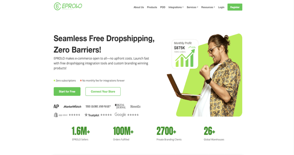 Eprolo dropshipping platform homepage showing product sourcing and fulfillment tools
