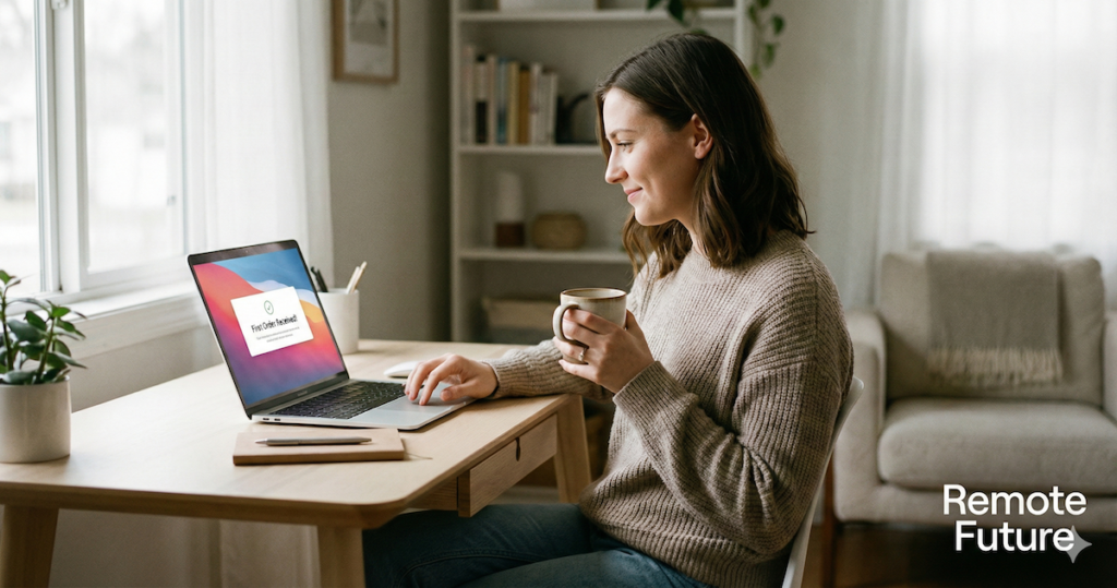 Entrepreneur reviewing a first online store sale on a laptop at home.