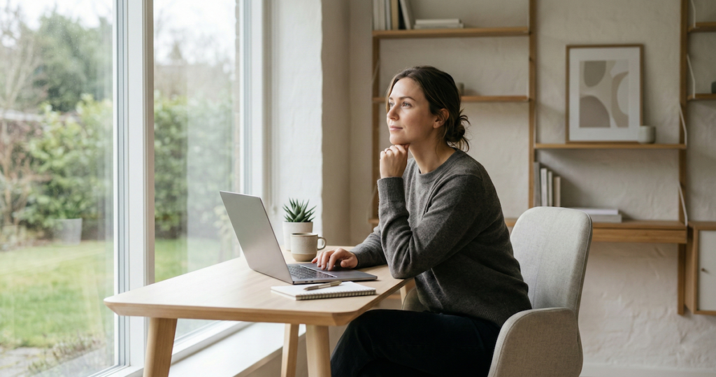 Freelancer thoughtfully working on a laptop in a minimal home office