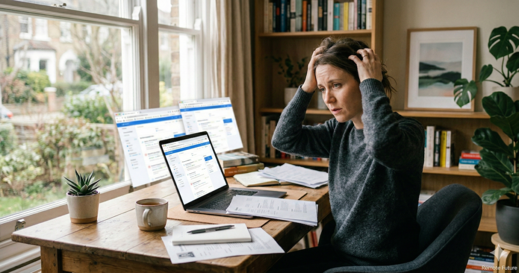Freelancer looking overwhelmed while browsing multiple job listings on a laptop at home