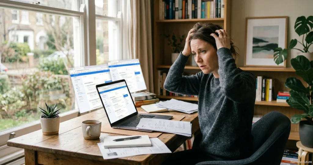 Freelancer looking overwhelmed while browsing job listings before using SolidGigs.