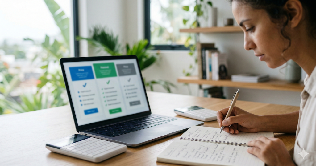 Freelancer reviewing subscription options and taking notes at a desk