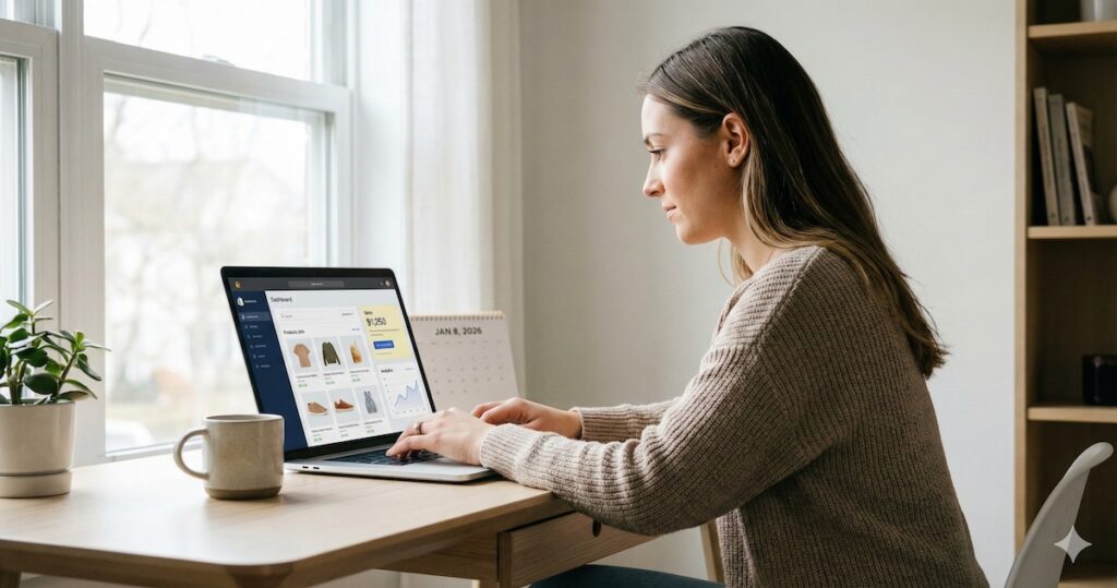 Beginner entrepreneur setting up an online store on a laptop in 2026