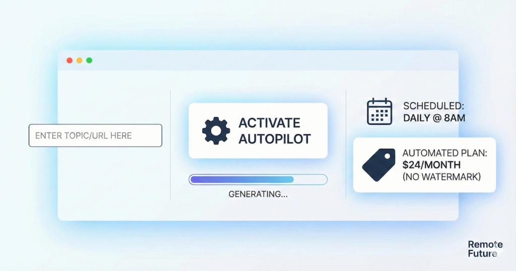 Makereels AI autopilot feature for automated short-form video creation and scheduling at $24 per month.