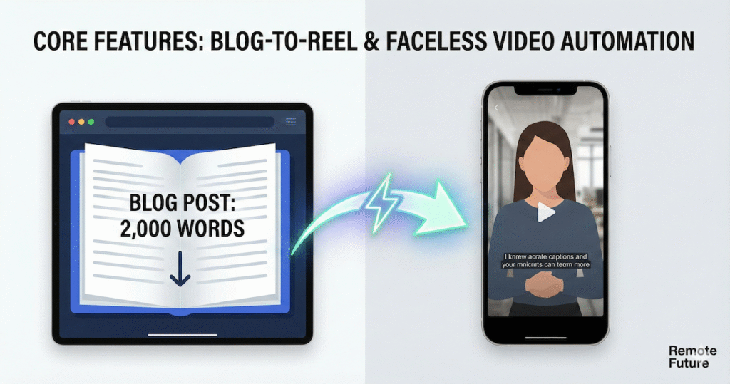 Makereels AI blog-to-reel feature converting long blog posts into faceless short-form videos automatically.
