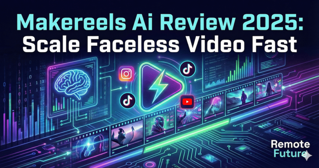 Makereels AI review featured image showing AI video automation for faceless content creation.