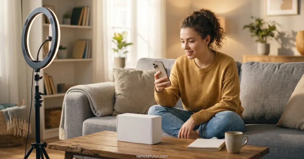 Young woman filming a product video on her smartphone to market her online store on social media