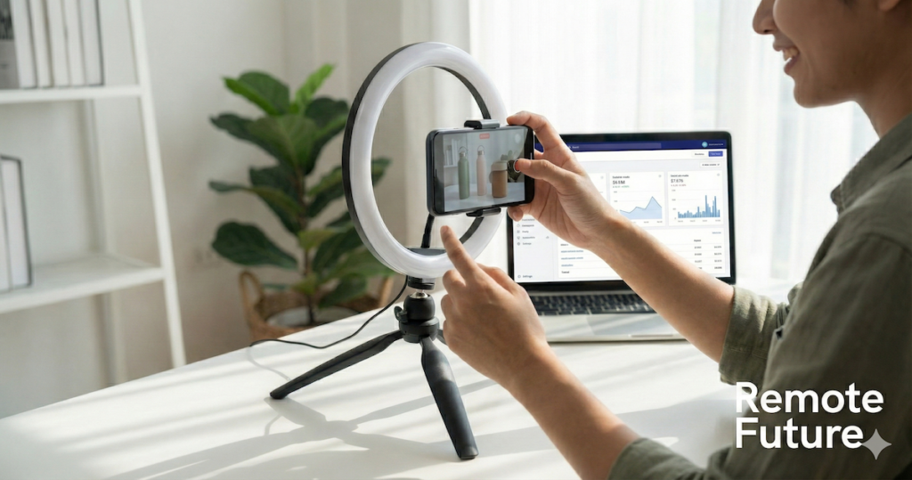 Entrepreneur recording a product video to market an online store on social media.