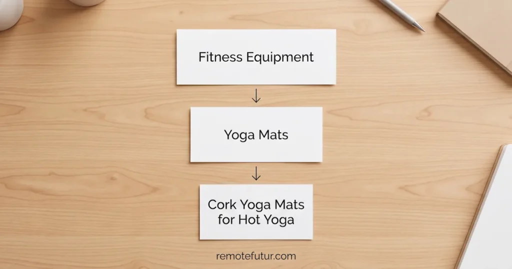 The niche down method showing how to narrow from fitness equipment to yoga mats to cork yoga mats for hot yoga