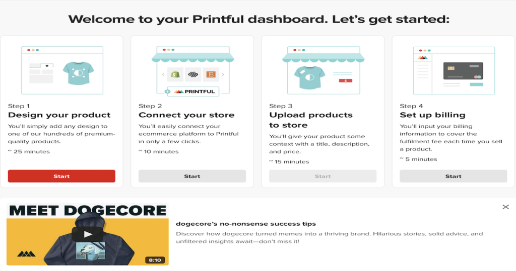 Printful print on demand platform homepage showing branding and fulfillment tools
