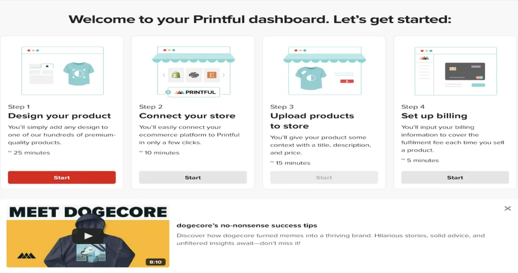 Printful print on demand platform homepage showing branding and fulfillment tools