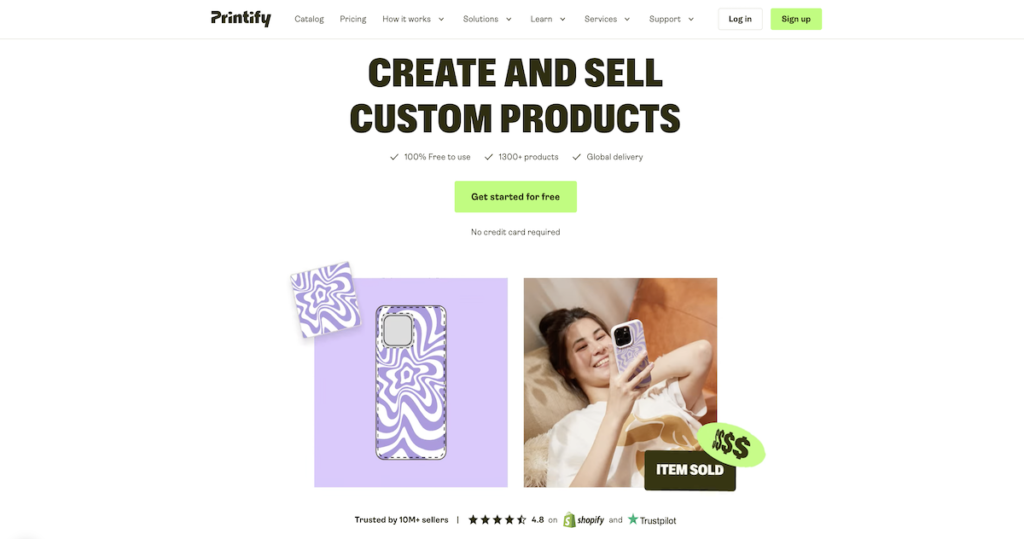 Printify print on demand platform homepage showing custom product creation tools
