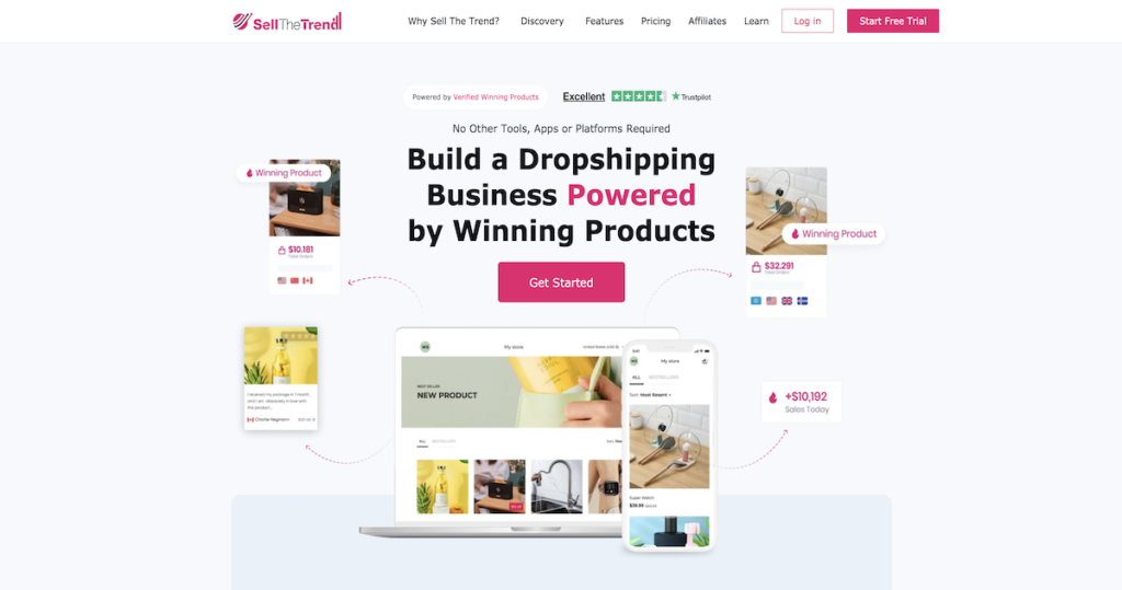 Sell The Trend product research platform homepage showing dropshipping analytics tools
