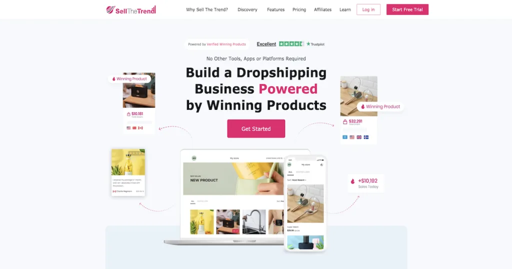Sell The Trend product research platform homepage showing dropshipping analytics tools