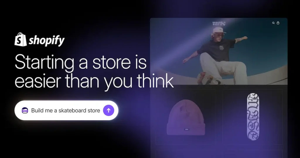 Shopify store builder interface showing a quick way to launch an online skateboard shop