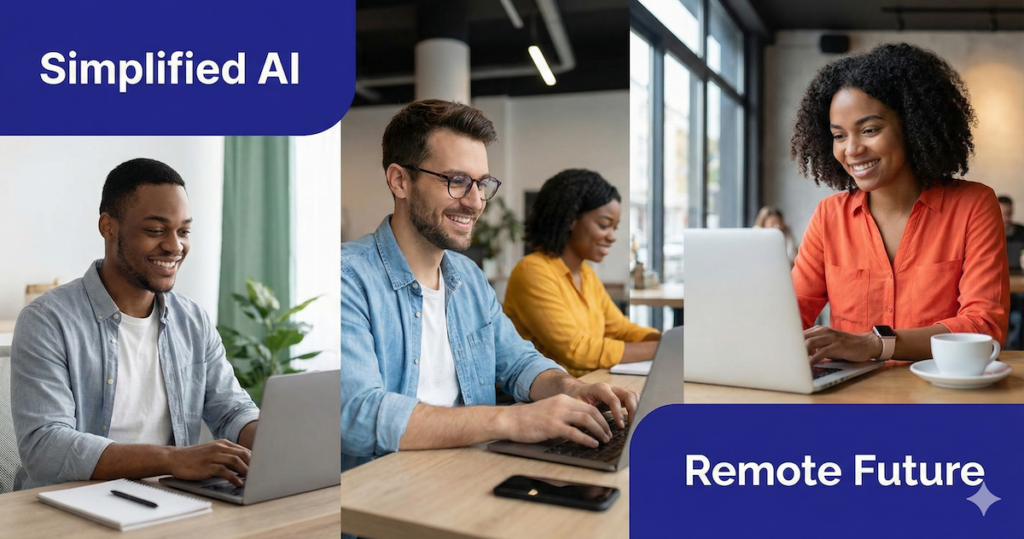 People using laptops to create content with Simplified AI in remote work environments.