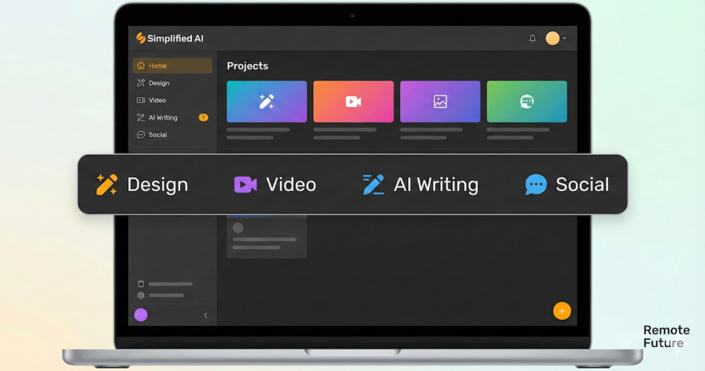 Simplified AI projects dashboard showing design, video, AI writing, and social content options on a laptop screen.