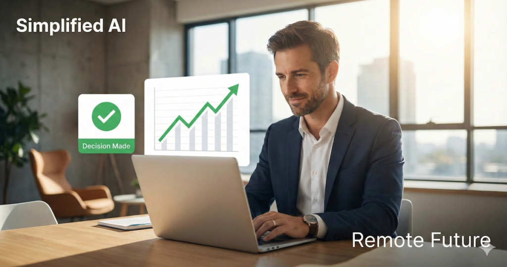 Professional using Simplified AI on a laptop with a chart showing business growth and a check mark for decision made.