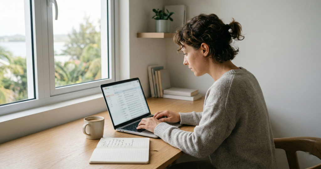 Freelancer checking curated job listings on laptop as part of a daily routine workflow.