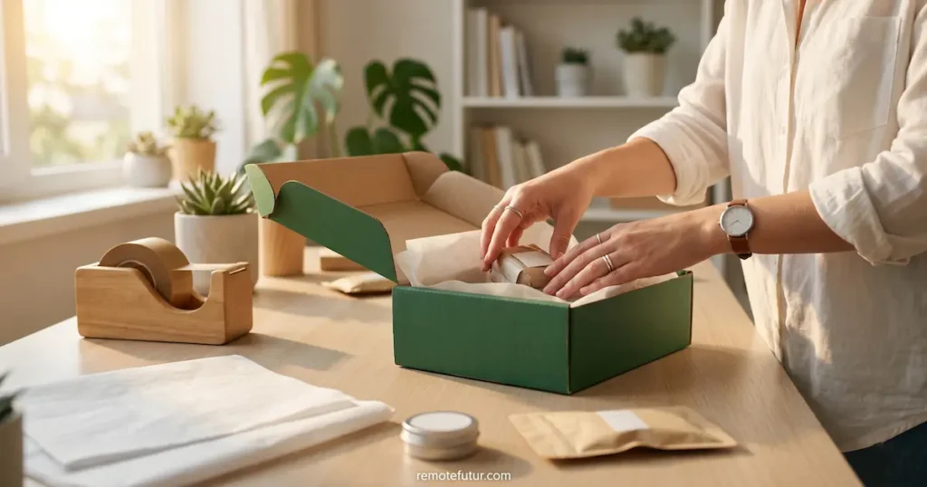 Small business owner packing products into a shipping box for their online store