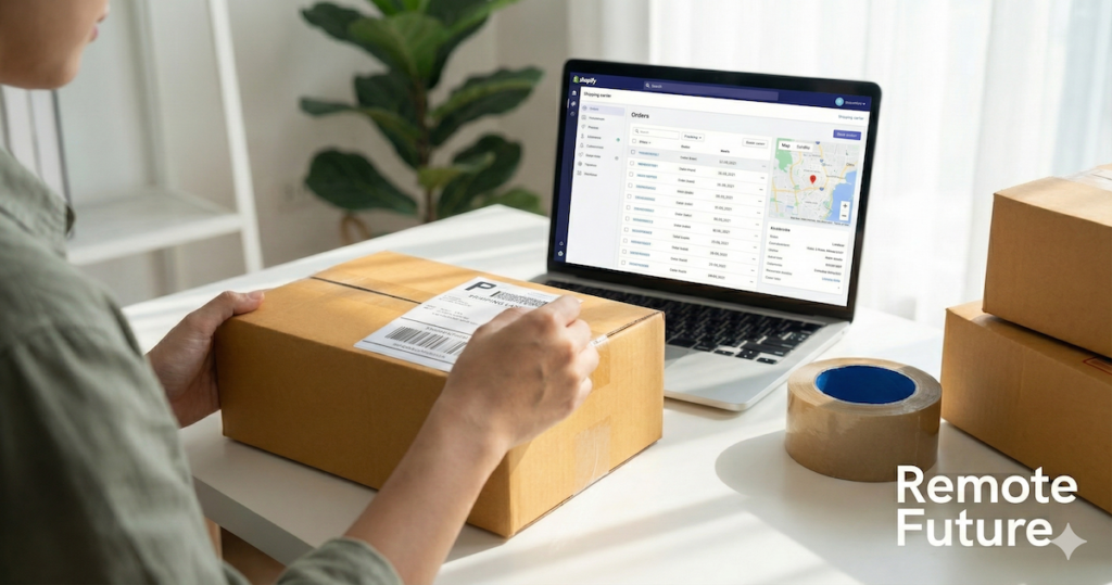 Entrepreneur preparing and packing products for an online store order.