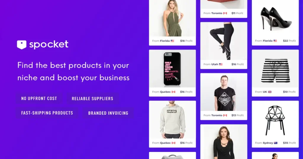 Spocket dropshipping platform homepage showing US and EU supplier sourcing tools