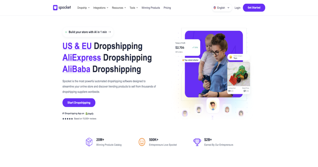 Spocket dropshipping platform homepage showing US and EU supplier sourcing tools
