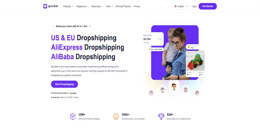 Spocket dropshipping platform homepage showing US and EU supplier sourcing tools