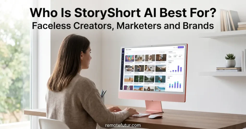 Woman at pink Apple iMac reviewing StoryShort AI faceless video content dashboard with analytics