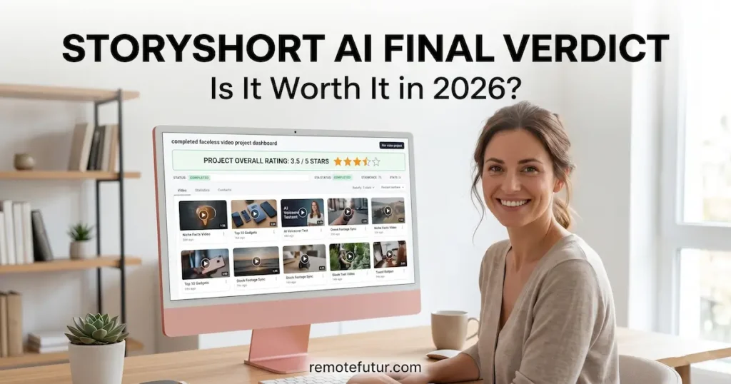 Woman smiling at pink Apple iMac showing StoryShort AI faceless video project dashboard with 3.5 out of 5 star rating