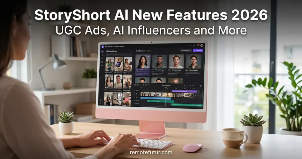 StoryShort AI faceless video dashboard showing UGC ads library and AI influencer selection in 2026