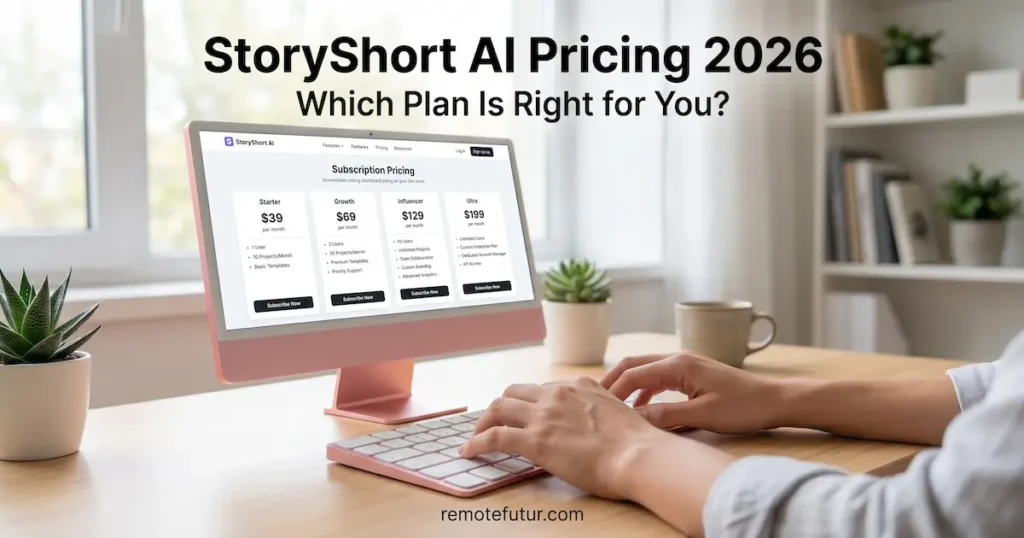 StoryShort AI faceless video tool pricing plans showing Starter Growth Influencer and Ultra tiers on pink iMac