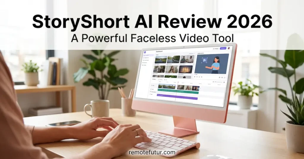 Pink Apple iMac displaying the StoryShort AI faceless video editing dashboard on a modern desk